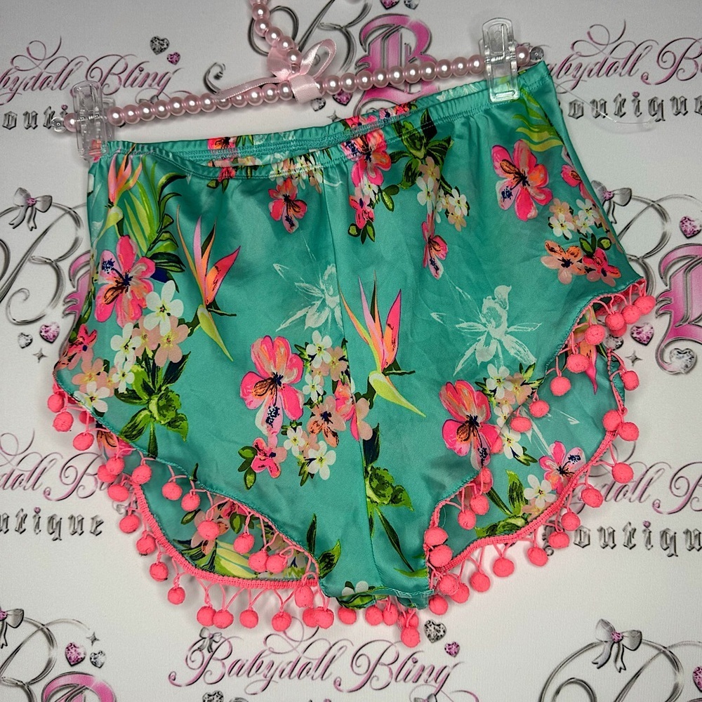 Victoria’s Secret shorts 🌺 floral printed neon with pom-poms fluff ball details